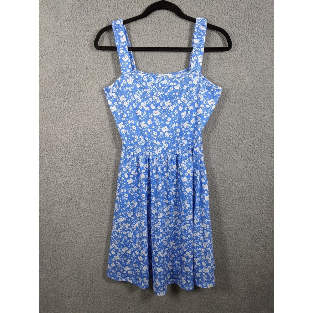HUHOT Summer Mini Dress Womens M Blue White Floral Stretch Cottagecore Soft Girl